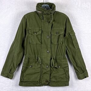 VTG Y2K Jcrew Military Field Jacket Women XXS Green Hooded Preppy Utility Safari